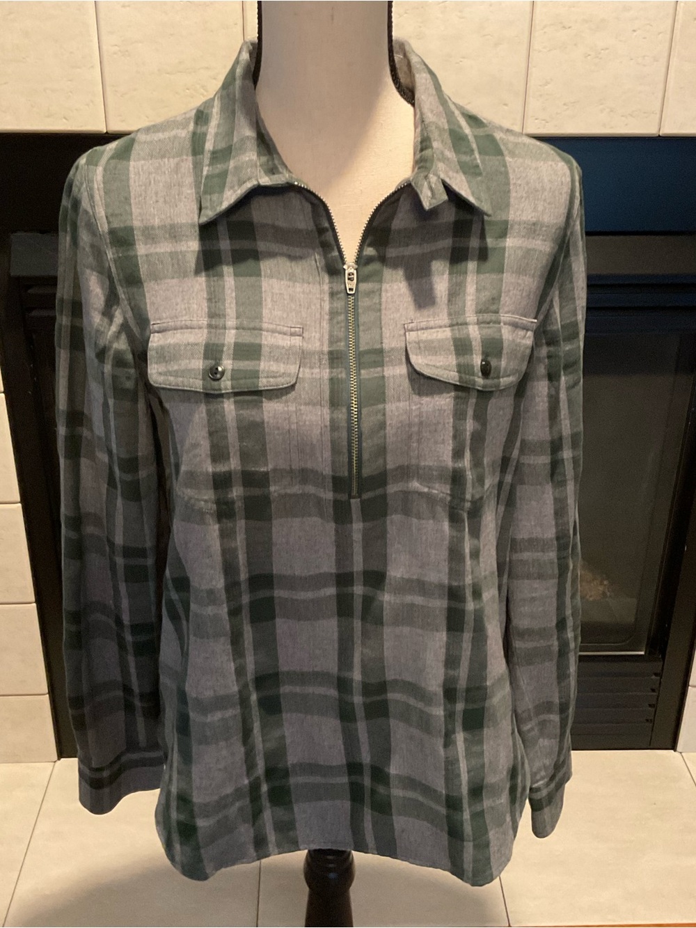Madewell Green/Grey Plaid Quarter Zip Flannel Shirt, Dual Chest Pockets, Sz M